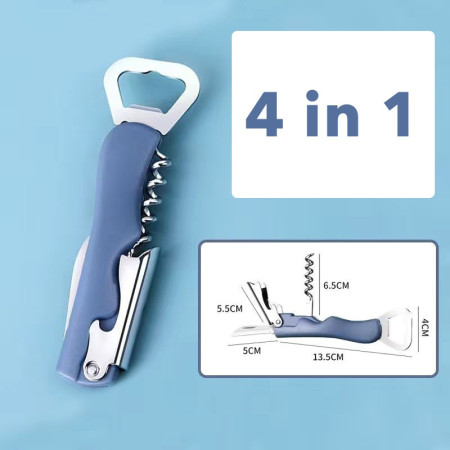 Tirbuson de Sticle 4 in 1, Cyrax, Desfacator de Sticle Multifunctional, din Inox cu Maner Anti Alunecare, 13.5 x 4 cm Albastru