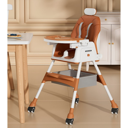 Scaun de Masa pentru Bebelusi si Copii Cyrax, cu Roti, cu Tetiera, Telescopic, Pliabil, Masuta Reglabila, Suport Picioare, Scaun cu Invelis Piele Artificiala, Centura Siguranta, Spatiu Depozitare, 97 x 73 x 65 cm, Maro