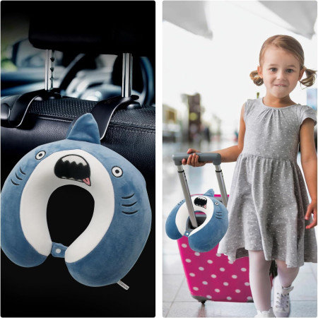 Perna de Calatorie in Forma de U,  Pentru Gat si Cap, Umplutura din Spuma cu Memorie, 30x30 cm, Model Rechin, Accesoriu de Voiaj, Birou, Masina, Sistem Prindere Capse, Albastru