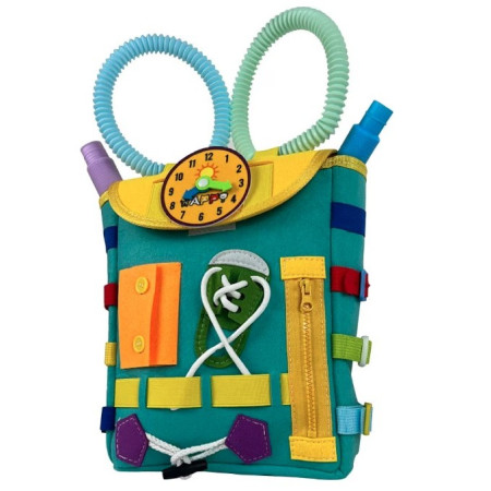 Ghiozdan Montessori, Cyrax, pentru Copii 2-6 ani, Fidget Pop, cu Catarame si Fermoare, Jucarii Senzoriale, Activitate de Invatare prin Joc, Turcoaz, 0.25 kg, 28x10x23 cm