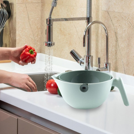 Bol cu Doua Straturi, Cyrax, pentru Fructe, Legume, cu Cos de Scurgere a Apei, 2L, din ABS+PP, 29.9 x 22.5 x 11.8 cm, Verde