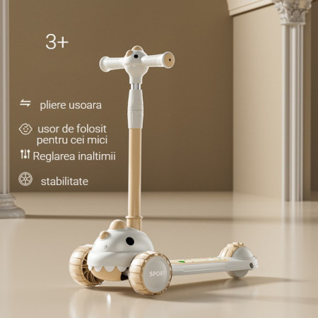 Trotineta Multifunctionala 6 in 1, Cyrax, Pentru Copii De La 10 Luni Pana La 12 Ani, Cu Maner De Impingere, Reglabil 360, Pliere Usoara, Reglarea Inaltimii, Model Dinozaur, Alb/Bej