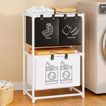 Cos de Rufe,  cu 2 Etaje,  3 Cosuri, Cadru de Otel Inoxidabil, 97x28x57 cm, Alb