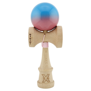 Kendama X Originala, Profesionala, Cyrax, Big Cups V2, Super Sticky cu Cupe Mari, din lemn 18 cm, Rulment Metalic cu Ata 55 cm, Albastru/Roz