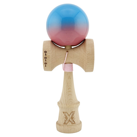 Kendama X Originala, Profesionala, Cyrax, Big Cups V2, Super Sticky cu Cupe Mari, din lemn 18 cm, Rulment Metalic cu Ata 55 cm, Albastru/Roz