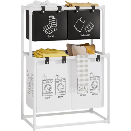 Cos de Rufe,  cu 2 Etaje, 4 Cosuri, Cadru de Otel Inoxidabil, 97x44x57 cm, Alb