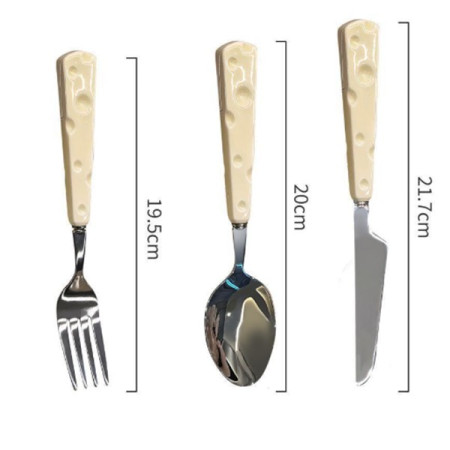 Tacamuri pentru Copii, Cyrax, Set 3 Piese, Tacamuri pentru Dejun, Lingura Furculita Cutit, Stil Italian, Manere forma Cascaval Plastic, Inox, 23 cm, Auriu