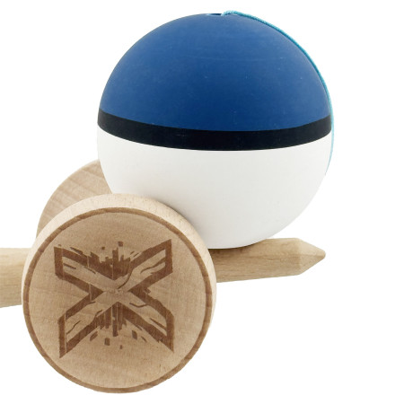 Kendama X Originala, Profesionala, Cyrax, Cupe Mari KING SIZE V3, Rubber Grip, Gaura in Baza, Rulment Metalic, din lemn 18 cm, Ata 62/65 cm, S Bicolor Albastru inchis/Alb