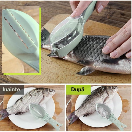 Curatator Manual Solzi de Peste, Cyrax, Forma Peste , Recipient cu Capcac pentru Solzi, Plastic, Verde deschis, 16x6 cm