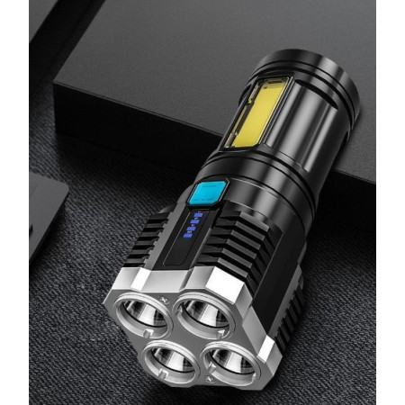 Lanterna LED Tactica 2 in 1,  4 Moduri de Iluminare, Tip Proiector COB, Rezistenta la Apa, Reincarcabila, USB, Lanterna de Drumetii, 13.6 x 5 cm, Negru