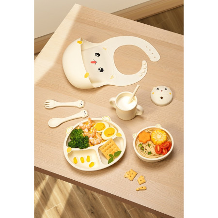 Set 5 Piese Hranire Bebelusi si Copii, Cyrax, din Silicon, fara BPA, de la 12 Luni, Model Pisicuta, 28 x 26 x 2 cm, Bej