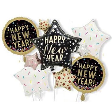Baloane pentru aniversare, Cyrax, tematica Happy New Year, set 9 baloane, 1 Stea Mare 83 x 90 cm, 6 stele, 2 rotunde, din folie de aluminiu, pai de carton inclus, Negru