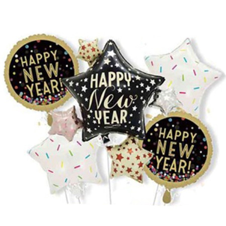 Baloane pentru aniversare, Cyrax, tematica Happy New Year, set 9 baloane, 1 Stea Mare 83 x 90 cm, 6 stele, 2 rotunde, din folie de aluminiu, pai de carton inclus, Negru