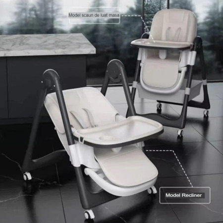 Scaun de Masa pentru Bebelusi si Copii, Cyrax, 2 Tavite si Husa Detasabile, Multifuncțional, Stabil, Centura de Siguranta, Inaltime Ajustabila, Spatar Reglabil Moale, Cos de Depozitare, 100x50x80cm, de la 6 Luni, Alb