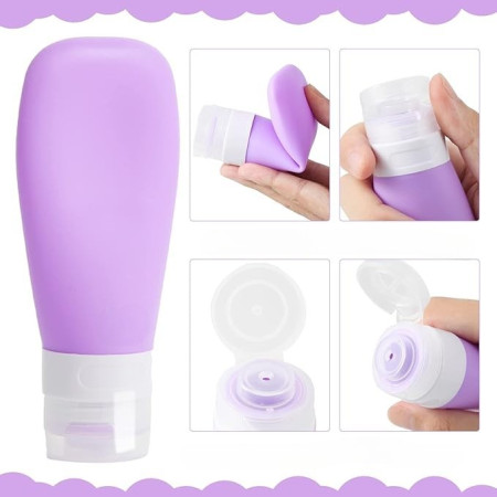 Recipient Portabil din Silicon Elegant de Voiaj, Sticla de Calatorie,  Potrivita pentru Lotiune, Sampon si Alte Lichide, Anti-scurgere, cu Posibilitate de Reumplere, Capacitate 90mL, Mov