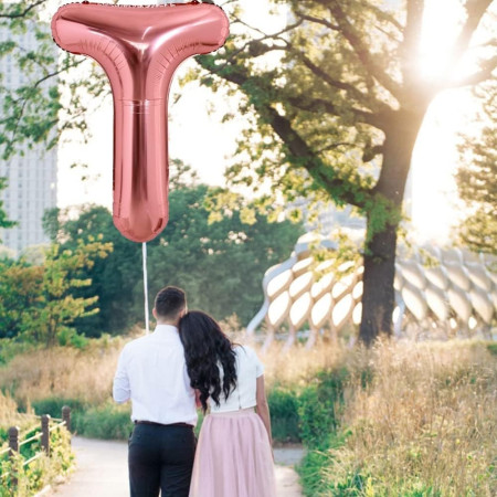 Balon Folie Metalizata Litera T, Cyrax, 100 cm, Umflati cu Heliu sau Aer, Ambalaj Individual, Pai inclus, Rose Gold