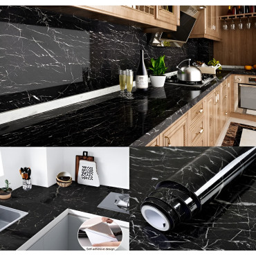 Tapet Autocolant pentru Bucatarie,  Rola cu Efect de Marmura, Folie Autoadeziva, 40cmx100cm, Negru