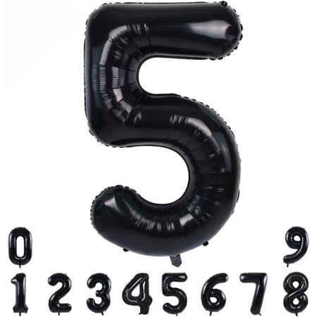 Balon din Folie Metalizata, Cyrax, Figurina Cifra, Tema Aniversare 80 cm, Ambalaj Individual, Pai inclus, Umflare cu Aer sau Heliu, Negru, Cifra 5