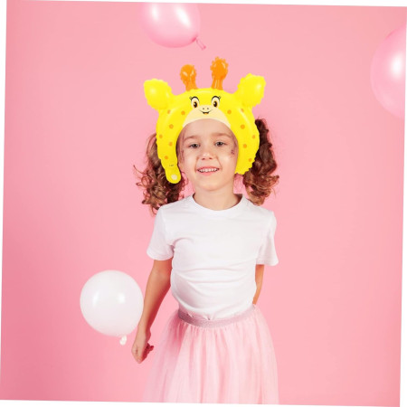 Balon din Folie Metalizata, Cyrax, Tip Coronita cu Urechi, Model Girafa, Ambalaj Individual, Pai Inclus, Umflare cu Aer sau Heliu, 28 x 31 cm, Galben