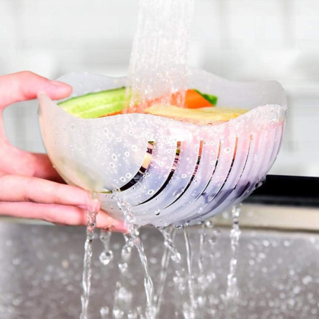 Bol Feliator pentru Salata, Cyrax, Castron Multifunctional pentru Legume si Fructe, pentru Spalat si Taiat Legumele, cu Scurgere si Tocator, Ergonomic, Protectie pentru Maini, 21x18.5x11.5 cm, Mov