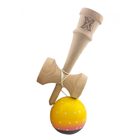 Kendama X Originala, Profesionala, Cyrax, din Lemn, Super Sticky, 18 cm, Galben/Roz/Negru