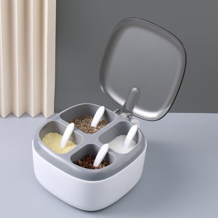 Recipient pentru condimente Cyrax, 4 casute, potrivit pentru sare, cimbru, piper, condimente, 4 lingurite din plastic, capac din plastic, maner, 14x14x8 cm, alb