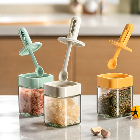 Recipient pentru Depozitarea Condimentelor, Cyrax, Borcan din Sticla, Capac si Lingura Incorporate, Uz Casnic, 300 ml, 7.1x7.1x14.8 cm, Verde