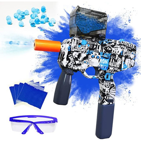 Mitraliera de jucarie electrica Cyrax cu bile de hidrogen de gel, gun bluster, tragere in rafala, varsta peste 6 ani, ochelari de protectie, 5000 de bile incluse, cablu de incarcare, 40.1 x 31.6 cm, Mp9, albastru