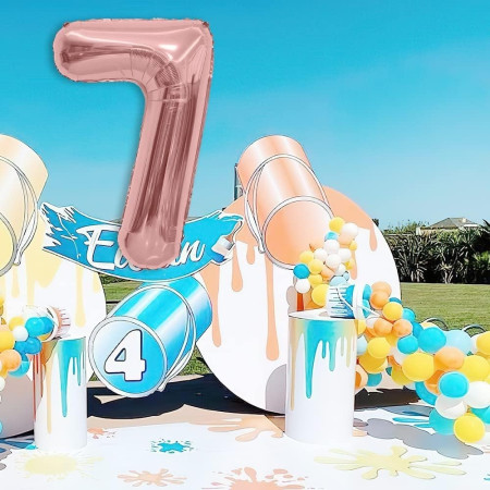 Balon din Folie Metalizata Cyrax, Figurina Cifra, Tema Aniversare 100 cm, Ambalaj Individual, Pai inclus, Umflare cu Aer sau Heliu, Coral, Rose, Cifra 7