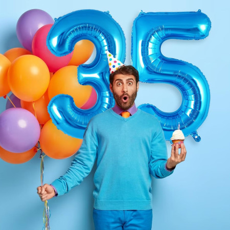 Balon din Folie Metalizata, Cyrax, Figurina Cifra, Tema Aniversare 80 cm, Ambalaj Individual, Pai inclus, Umflare cu Aer sau Heliu, Albastru, Cifra 5