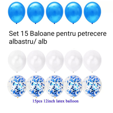 Set 15 baloane pentru petrecere, Cyrax, albastru/ alb, 30 cm