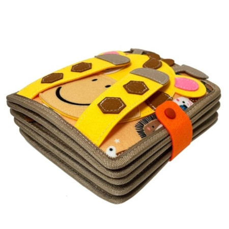 Carte Senzoriala Educativa Montessori 7in1, Cyrax, Dezvoltare Abilitati Motorii, 8 Pagini, 3D, cu Elemente Detasabile, Model Girafa, 21x21x8 cm, Maro