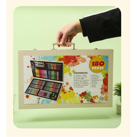 Set 180 Piese pentru Desen si Pictura, Cyrax, Tip Servieta din Lemn, Model Natur, 46 x 30.9 x 4.1 cm, Multicolor