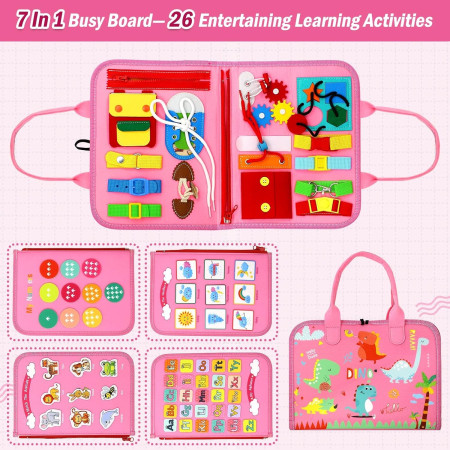 Carte Senzoriala Educativa Montessori 7in1, Cyrax, 26 de Activitati, Dezvoltare Abilitati Motorii, 4 Pagini, Model Dinozauri, 28x22x7 cm, Roz