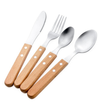Set 4 tacamuri pentru masa Cyrax, otel 304, lingura, lingurita desert, cutit, furculita, maner din lemn de fag, 20 x 4 x 2 cm, gri