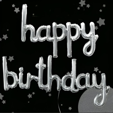 Set Baloane din Folie Metalizată, Cyrax, Model Happy Birthday, 45x85 cm, 45x124cm, Baloane Party, Ambalaj Individual, Pai inclus, Umflare cu Aer sau Heliu, Argintiu