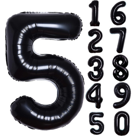 Balon din Folie Metalizata Cyrax, Figurina Cifra, Tema Aniversare 40 cm, Ambalaj Individual, Pai inclus, Umflare cu Aer sau Heliu, Negru, Cifra 5
