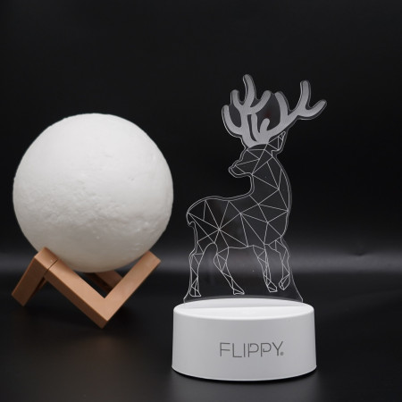 Lampa LED decorativa,  3D, Cerb, cu telecomanda, doua moduri de alimentare USB si baterii, 20 cm inaltime, din material acril si lumina multicolora, alb