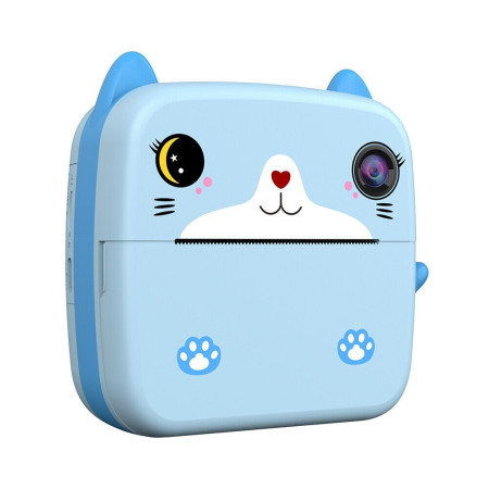 Camera Instantanee pentru Copii, Cyrax, cu Functie de Printare, Camera Frontala + Selfie, Cablu USB-C, Bluetooth, Compatibil iOS/Android, Imprimare APP, Model Pisica, Albastru