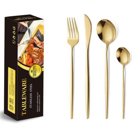 Tacamuri Portugheze, Cyrax, Set din 24 de Piese din Otel Inoxidabil, 6 Cutie, 6 Furculite, 6 Linguri de Masa, 6 Linguri pentru Ceai, Auriu