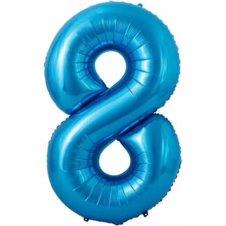 Balon din Folie Metalizata Cyrax, Figurina Cifra si Coroana, Tema Aniversare 100 cm, Ambalaj Individual, Pai inclus, Umflare cu Aer sau Heliu, Albastru, Cifra 8