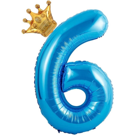 Balon din Folie Metalizata Cyrax, Figurina Cifra si Coroana, Tema Aniversare 100 cm, Ambalaj Individual, Pai inclus, Umflare cu Aer sau Heliu, Albastru, Cifra 6
