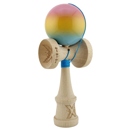 Kendama X Originala, Profesionala, Cyrax, Big Cups V2, Super Sticky cu Cupe Mari, din lemn 18 cm, Rulment Metalic cu Ata 55 cm, Roz/Galben/Albastru