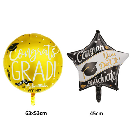 Set 2 Baloane din Folie Metalizata, Cyrax, Figurine Stea 45 cm si Minge 63x53 xm, Model Absolvire, Ambalaj Individual, Pai Inclus, Umflare cu Aer sau Heliu, Multicolor