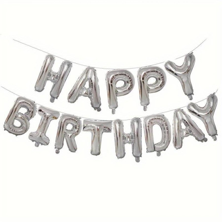 Set 25 de Baloane din Folie Metalizata si Latex, Cyrax, Figurine 2 Stele, 4 Baloane Confetti, 13 Litere, 6 Latex, Model Happy Birthday, Tema Aniversare, 40 cm, Ambalaj Individual, Pai Inclus, Umflare cu Aer sau Heliu, Argintiu