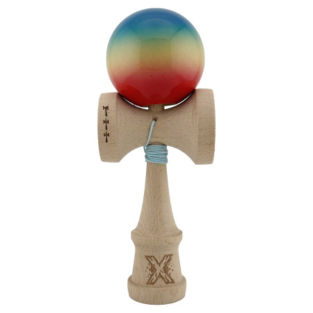 Kendama X Originala, Profesionala, Cyrax, Big Cups V2, Super Sticky Cupe Mari, Rulment Metalic cu Ata 55 cm, Rosu/Galben/Albastru