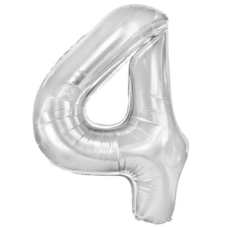 Balon din Folie Metalizata, Cyrax, Figurina Cifra, Tema Aniversare 80 cm, Ambalaj Individual, Pai inclus, Umflare cu Aer sau Heliu, Argintiu, Cifra 4