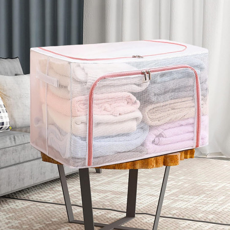 Cutie de Depozitare Pliabila,  Cu Fereastra si Fermoar Dublu Rosu, 66 L, Textil, 50x40x33 cm, Cadru Metalic, Impermeabila, Transparent