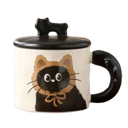 Cana din Ceramica, Cyrax, Model in Cutie pentru Cadou, Cana pentru Ceai, Cafea, Cana Retro Design Capac cu Figurina 3D, 9.5 x 8 x 8 cm, 360 ml, Bej, Print Pisica Maro Negru