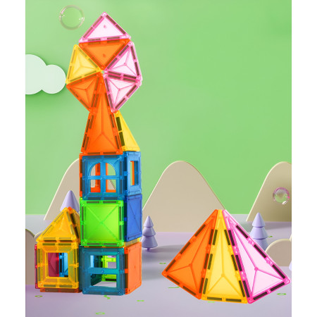Set 32 Piese Magnetice de Constructie, Cyrax, Piese 5.5 cm, Magnetic Tiles, Forme Geometrice, 3 Ani, ABS, Magnet, 20.5 x 14.5 x 12 cm, Multicolor